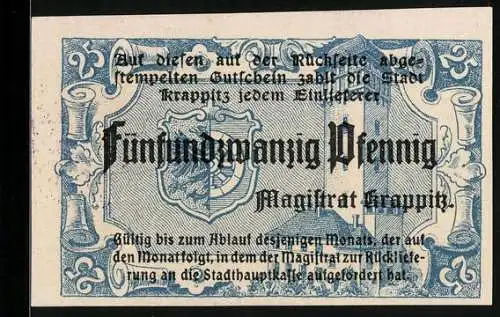 Notgeld Krappitz /O.-S., 25 Pfennig, Turm im Hintergrund