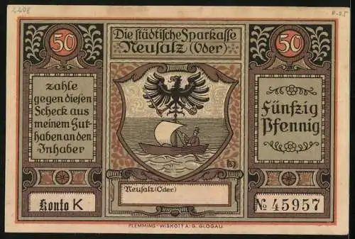 Notgeld Neusalz /Oder, 50 Pfennig, Erhebung zur Stadt durch Friedrich den Grossen