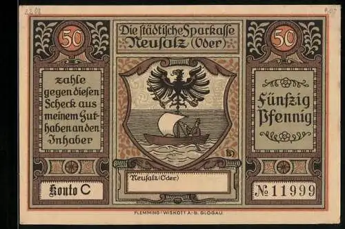 Notgeld Neusalz /Oder, 50 Pfennig, Erhebung zur Stadt durch Friedrich den Grossen