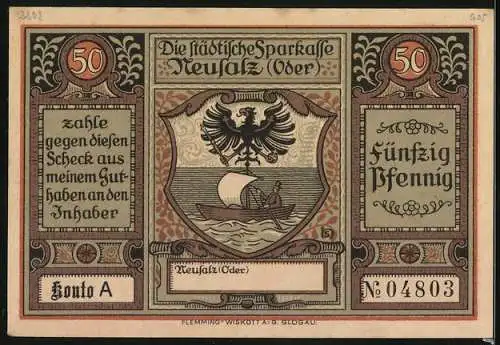 Notgeld Neusalz /Oder, 50 Pfennig, Erhebung von Neusalz zur Stadt durch Friedrich den Grossen