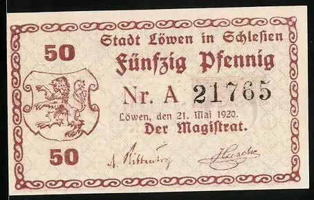 Notgeld Löwen in Schlesien 1920, 50 Pfennig, Kontroll-Nr. A 21765