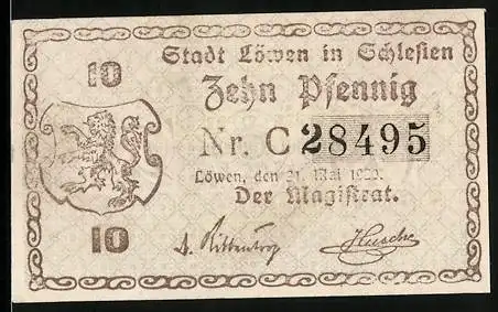 Notgeld Löwen in Schlesien 1920, 10 Pfennig, Kontroll-Nr. C 28495