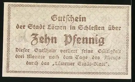 Notgeld Löwen in Schlesien 1920, 10 Pfennig, Kontroll-Nr. C 28495