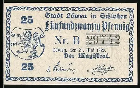 Notgeld Löwen in Schlesien 1920, 25 Pfennig, Kontroll-Nr. B 29742