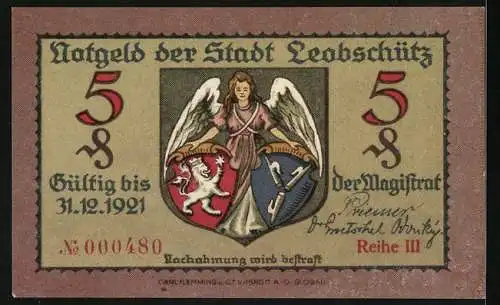 Notgeld Leobschütz, 5 Pfennig, Ortsansicht von Osten