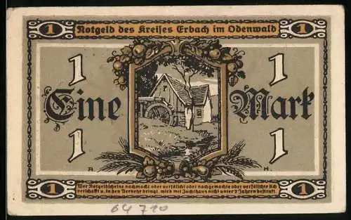 Notgeld Erbach i. Odw. 1918, 1 Mark, Die Wassermühle