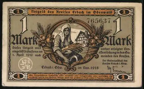 Notgeld Erbach i. Odw. 1918, 1 Mark, Die Wassermühle