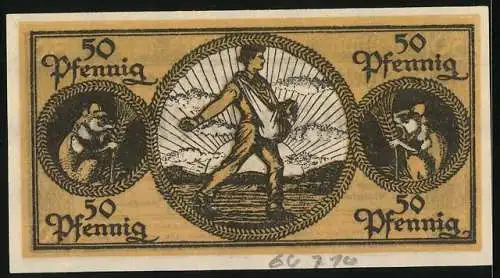 Notgeld Erbach i. Odw. 1918, 50 Pfennig, Bauer bei der Aussaat, Maus mit Getreideähre