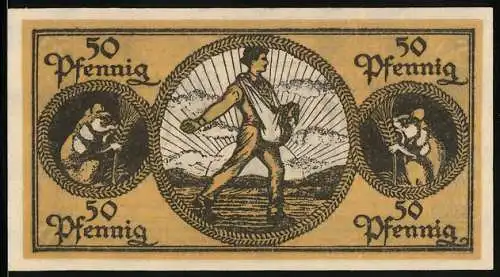 Notgeld Erbach i. Odw. 1918, 50 Pfennig, Maus mit Getreideähre, Bauer bei der Aussaat