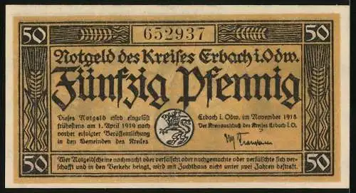 Notgeld Erbach i. Odw. 1918, 50 Pfennig, Maus mit Getreideähre, Bauer bei der Aussaat