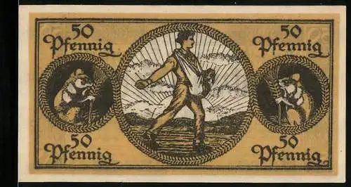 Notgeld Erbach i. Odw. 1918, 50 Pfennig, Nager mit Getreideähre, Bauer bei der Aussaat