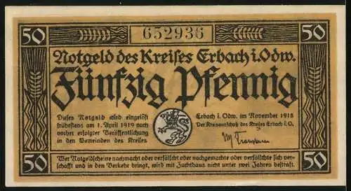 Notgeld Erbach i. Odw. 1918, 50 Pfennig, Nager mit Getreideähre, Bauer bei der Aussaat