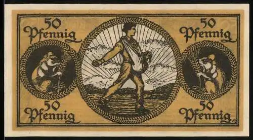 Notgeld Erbach i. Odw. 1918, 50 Pfennig, Bauer bei der Aussaat, Nager mit Getreideähre