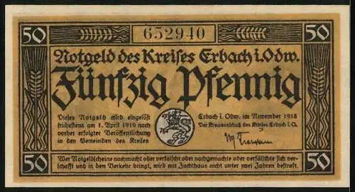 Notgeld Erbach i. Odw. 1918, 50 Pfennig, Bauer bei der Aussaat, Nager mit Getreideähre