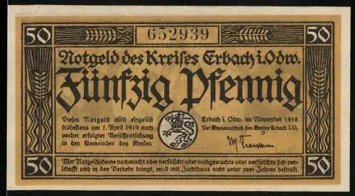 Notgeld Erbach i. Odw. 1918, 50 Pfennig, Bauer sät aus, Nager mit Getreideähre