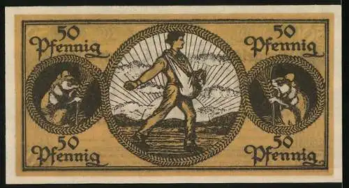 Notgeld Erbach i. Odw. 1918, 50 Pfennig, Bauer sät aus, Nager mit Getreideähre
