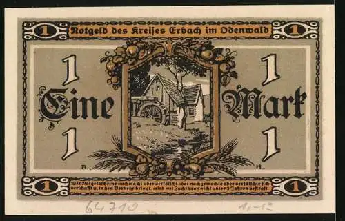 Notgeld Erbach i. Odw. 1918, 1 Mark, Bäuerin mit Getreide, Wassermühle