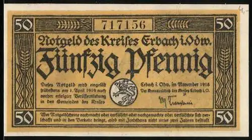 Notgeld Erbach i. Odw. 1918, 50 Pfennig, Bauer bei der Aussaat, Nagetier mit Getreideähre