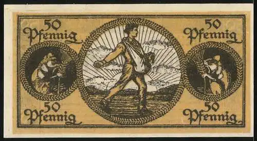 Notgeld Erbach i. Odw. 1918, 50 Pfennig, Bauer bei der Aussaat, Nagetier mit Getreideähre