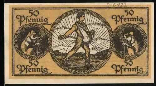 Notgeld Erbach i. Odw. 1918, 50 Pfennig, Bauer sät aus, Nagetier mit Getreideähre