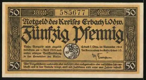 Notgeld Erbach i. Odw. 1918, 50 Pfennig, Bauer sät aus, Nagetier mit Getreideähre