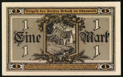 Notgeld Erbach i. Odw. 1918, 1 Mark, Wassermühle, Bäuerin mit Getreide