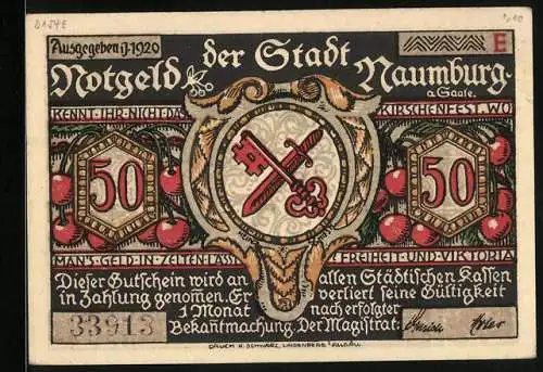 Notgeld Naumburg a. Saale 1920, 50 Pfennig, Anwohner packen die Hoffnung beim Zipfel