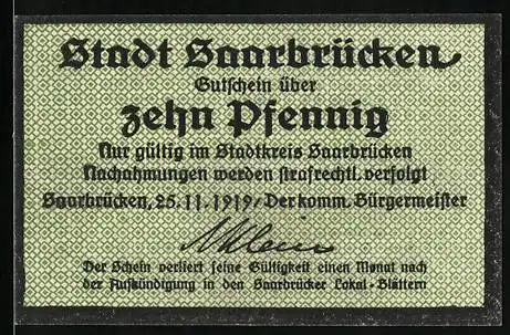 Notgeld Saarbrücken 1919, 10 Pfennig, Der Rathausturm