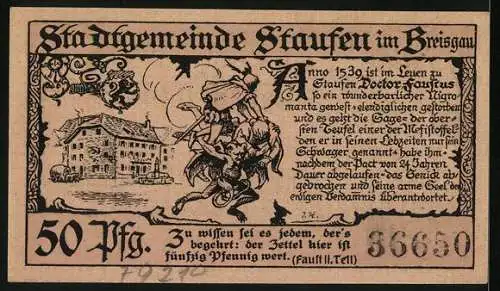Notgeld Staufen im Breisgau 1920, 50 Pfennig, Sage des Doctor Faustus