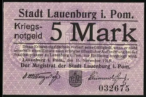 Notgeld Lauenburg i. Pom. 1918, 5 Mark, Kontroll-Nr. 032675