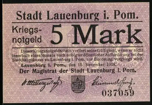 Notgeld Lauenburg i. Pom. 1918, 5 Mark, Kontroll-Nr. 037059