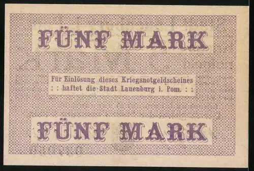 Notgeld Lauenburg i. Pom. 1918, 5 Mark, Kontroll-Nr. 037059