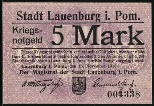 Notgeld Lauenburg i. Pom. 1918, 5 Mark, Kontroll-Nr. 004338