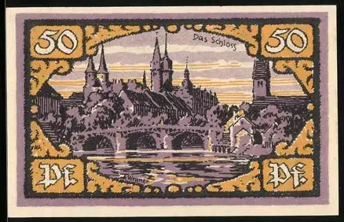 Notgeld Merseburg 1921, 50 Pfennig, Flussbrücke und Schloss