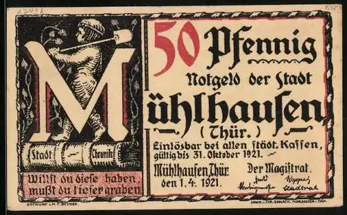 Notgeld Mühlhausen /Thür. 1921, 50 Pfennig, Schreiben Luthers an die Stadt, 1526