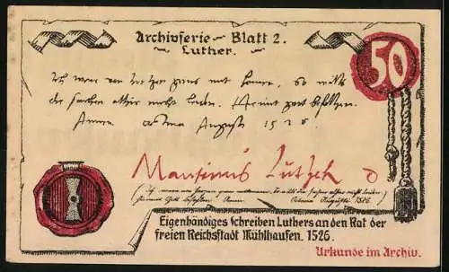 Notgeld Mühlhausen /Thür. 1921, 50 Pfennig, Schreiben Luthers an die Stadt, 1526