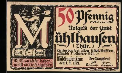 Notgeld Mühlhausen /Thür. 1921, 50 Pfennig, Luther`s Schreiben an die Stadt, 1526
