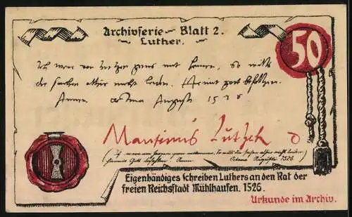 Notgeld Mühlhausen /Thür. 1921, 50 Pfennig, Luther`s Schreiben an die Stadt, 1526