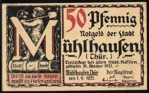 Notgeld Mühlhausen /Thür. 1921, 50 Pfennig, Bachs Gesuch aus dem Organistendienst entlassen zu werden, 1708