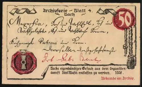 Notgeld Mühlhausen /Thür. 1921, 50 Pfennig, Bachs Gesuch aus dem Organistendienst entlassen zu werden, 1708