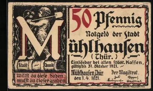 Notgeld Mühlhausen /Thür. 1921, 50 Pfennig, Bach will aus dem Organistendienst entlassen werden, 1708