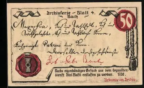 Notgeld Mühlhausen /Thür. 1921, 50 Pfennig, Bachs Gesuch, 1708