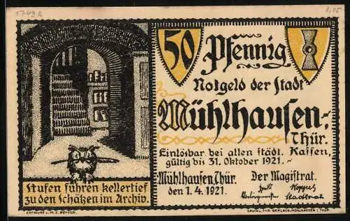 Notgeld Mühlhausen /Thür. 1921, 50 Pfennig, Schutzbrief Wallensteins 1625