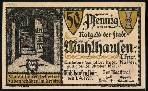 Notgeld Mühlhausen /Thür. 1921, 50 Pfennig, Schutzbrief Wallensteins, 1625