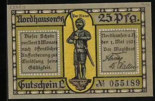 Notgeld Nordhausen a. H. 1921, 25 Pfennig, Stadtbefestigung am Primariusgraben