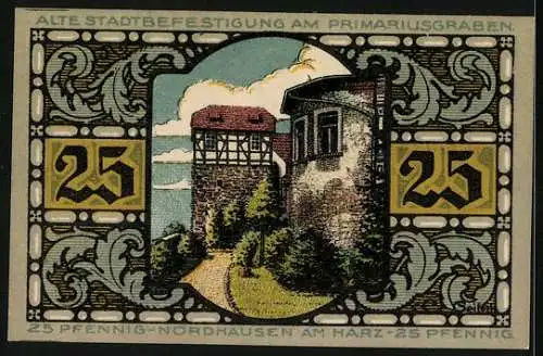 Notgeld Nordhausen a. H. 1921, 25 Pfennig, Stadtbefestigung am Primariusgraben