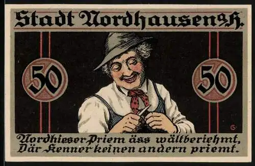 Notgeld Nordhausen a. H. 1921, 50 Pfennig, Alter Mann beim Schnitzen