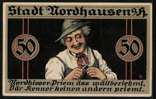 Notgeld Nordhausen a. H. 1921, 50 Pfennig, Älterer Herr beim Schnitzen