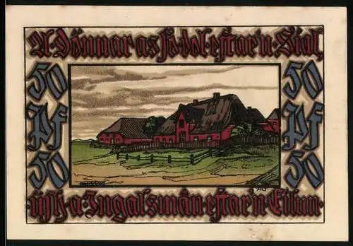 Notgeld Norddorf 1921, 50 Pfennig, Bauernhäuser