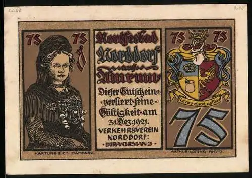 Notgeld Norddorf 1921, 75 Pfennig, Ortspartie an Backsteinhaus